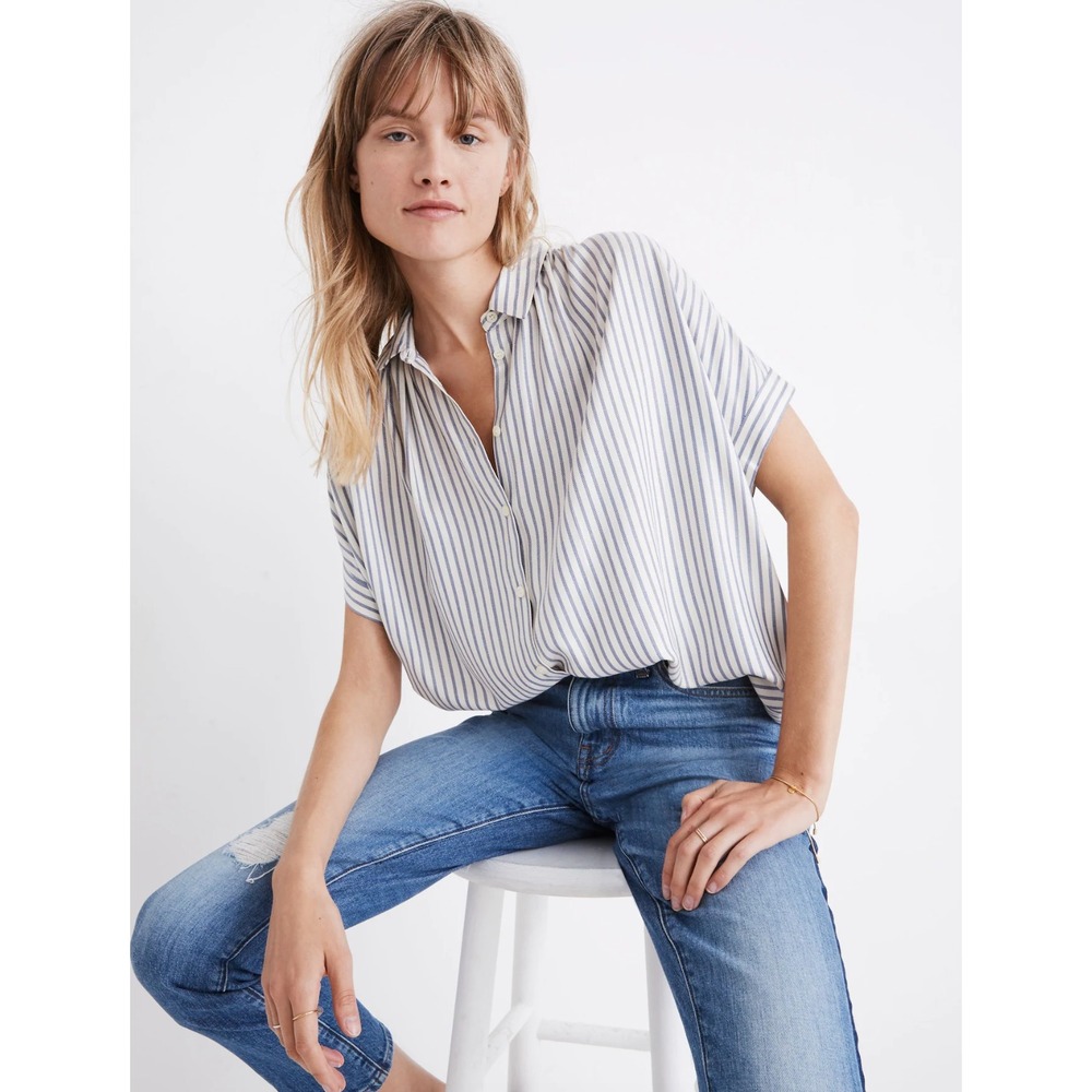 Madewell Central Shirt Dalton Stripe Blue Shirred Button Down Short Sleeve M